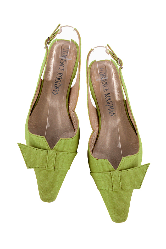 Women's grass green slingback dress shoes, with a knot on the front. Tapered toe. Low block heels - Top view